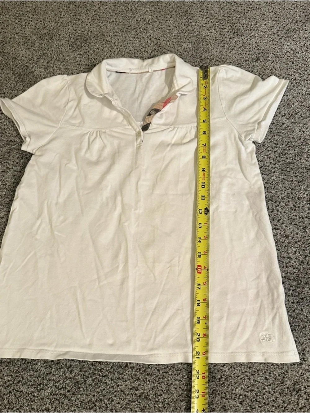 BURBERRY Girls 14 L White Puff Sleeve Polo Shirt Plaid In Collar Pleats R $295